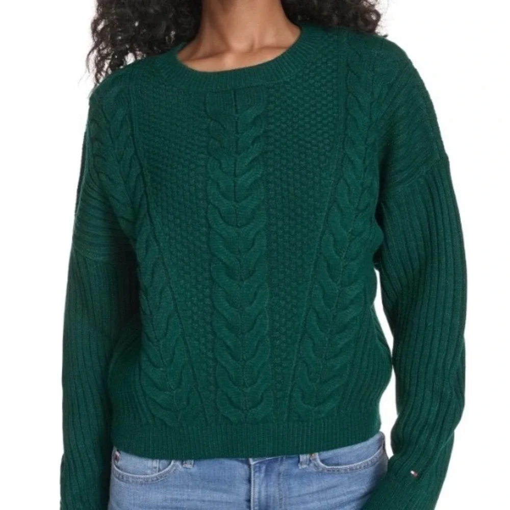 Tommy Hilfiger Green Cable Knit Crewneck Sweater chunky Cozy Preppy cute‎ large